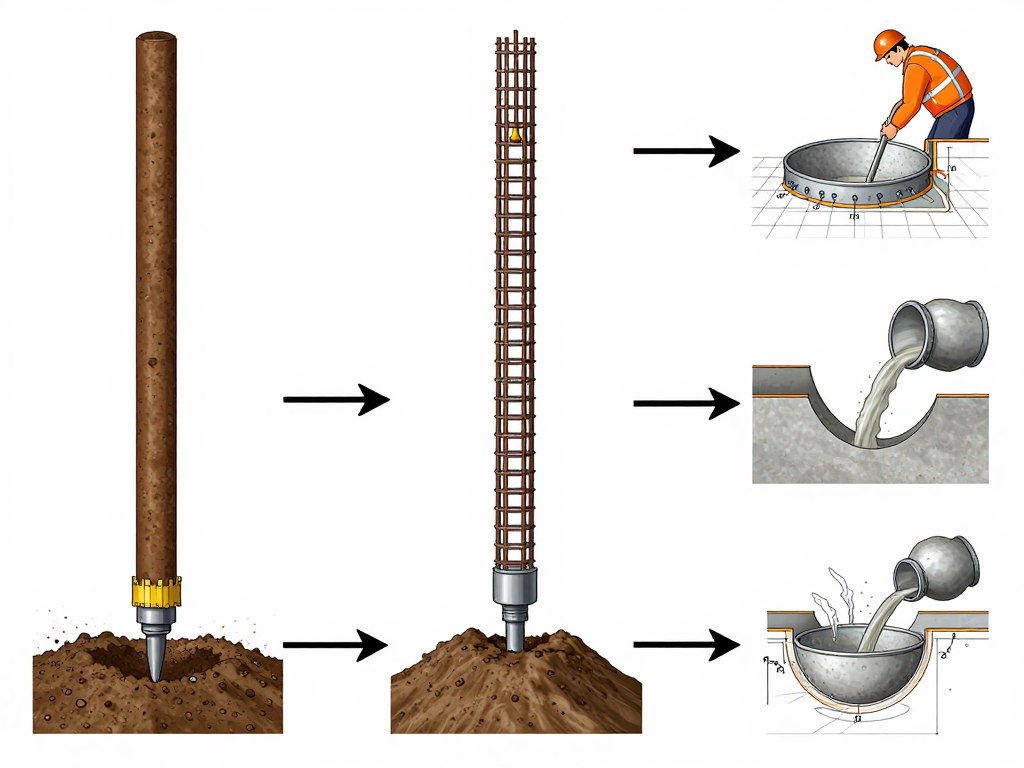 Ilustrasi proses jasa bore pile dari pengeboran hingga pengecoran