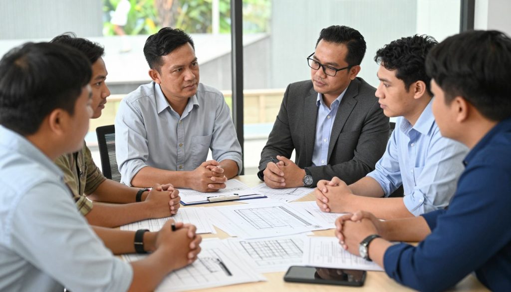 Tim konsultasi jasa bore pile PT Wijayaborepile sedang berdiskusi dengan klien